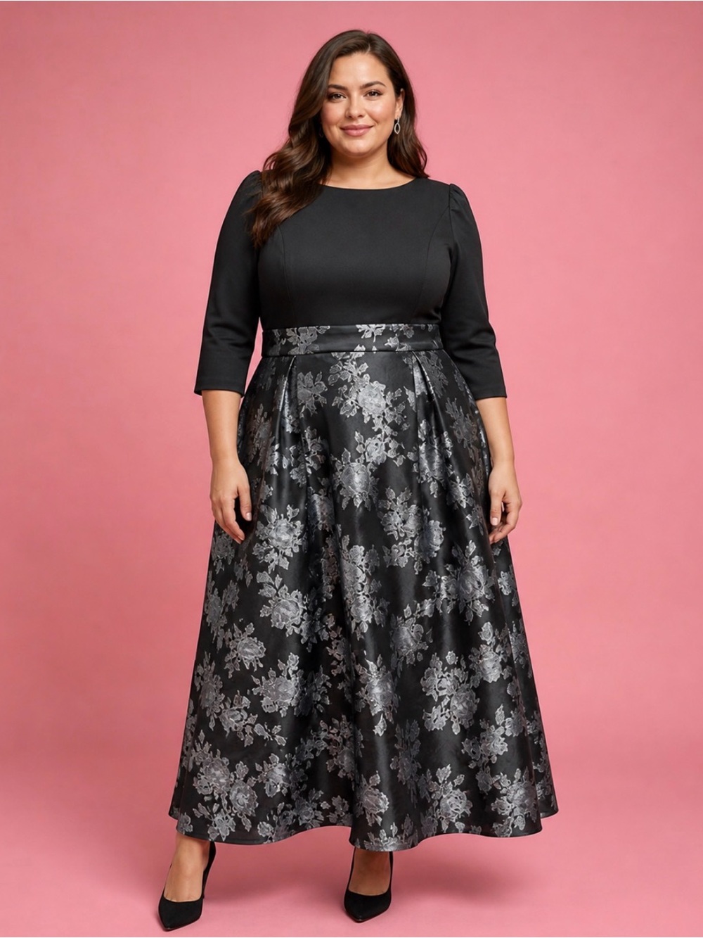 Oleg Cassini  Black, Blue and Silver Floral Evening Dress